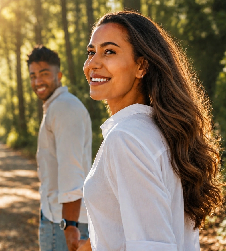 Happy couple in white shirts walking together on sunny forest path, woman smiling at camera - Weekly couples therapy in Los Angeles, CA